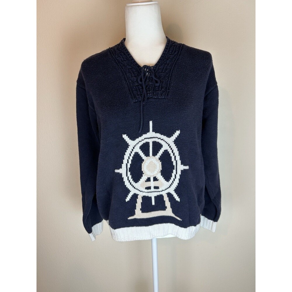 Villager Sport Navy Sweater Ship Wheel Size M White Nautical Sailing Coastal